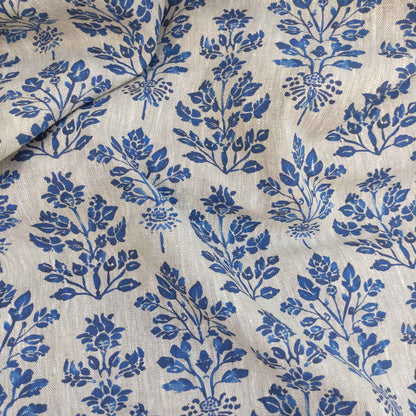 Floral block print linen fabric  LL330P - 100% linen with indigo blue print