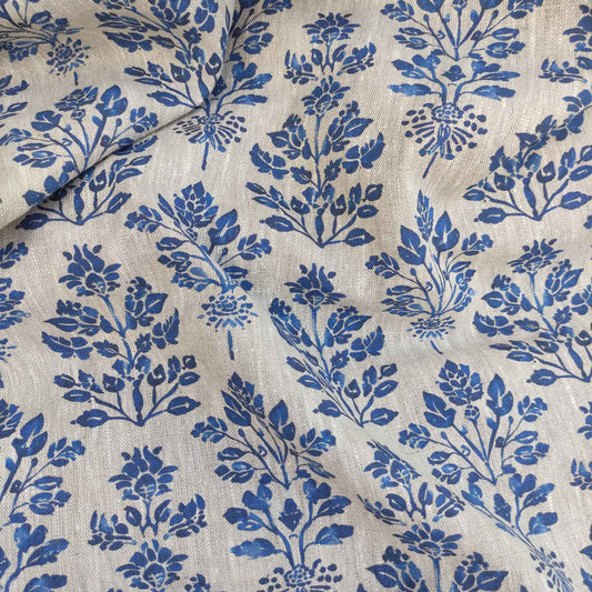Floral block print linen fabric  LL330P - 100% linen with indigo blue print