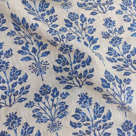 Floral block print linen fabric  LL330P - 100% linen with indigo blue print