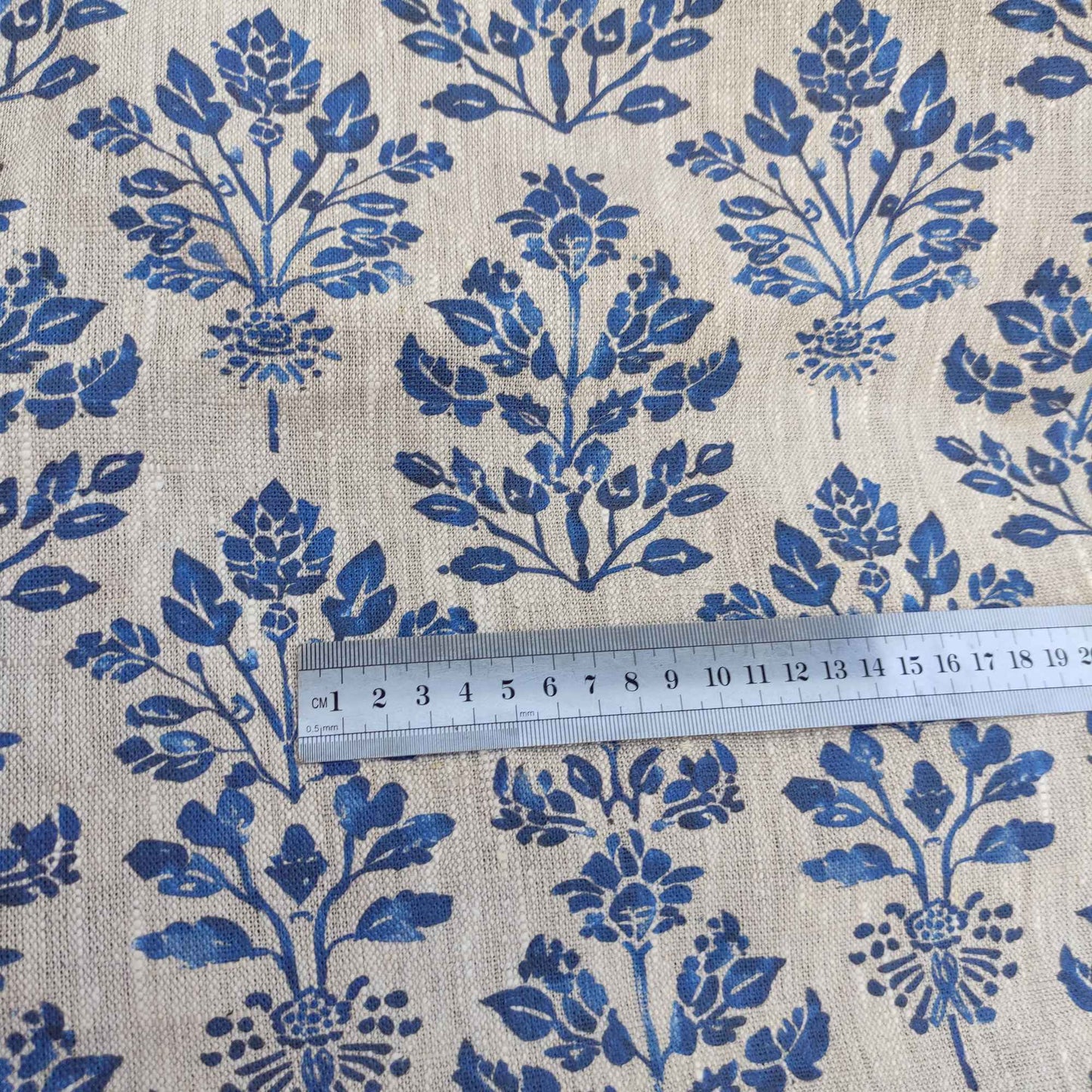 Floral block print linen fabric  LL330P - 100% linen with indigo blue print