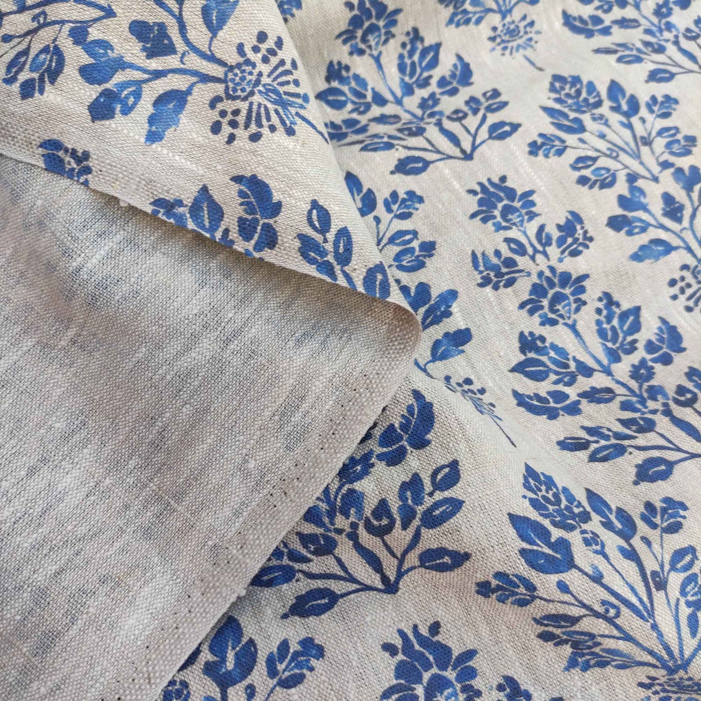 Floral block print linen fabric  LL330P - 100% linen with indigo blue print