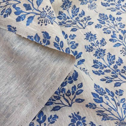 Floral block print linen fabric  LL330P - 100% linen with indigo blue print