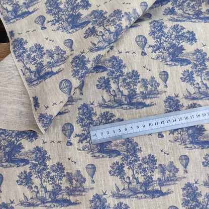 linen fabric Toile de Jouy print with air ballons LL331P - 100% linen with indigo blue print