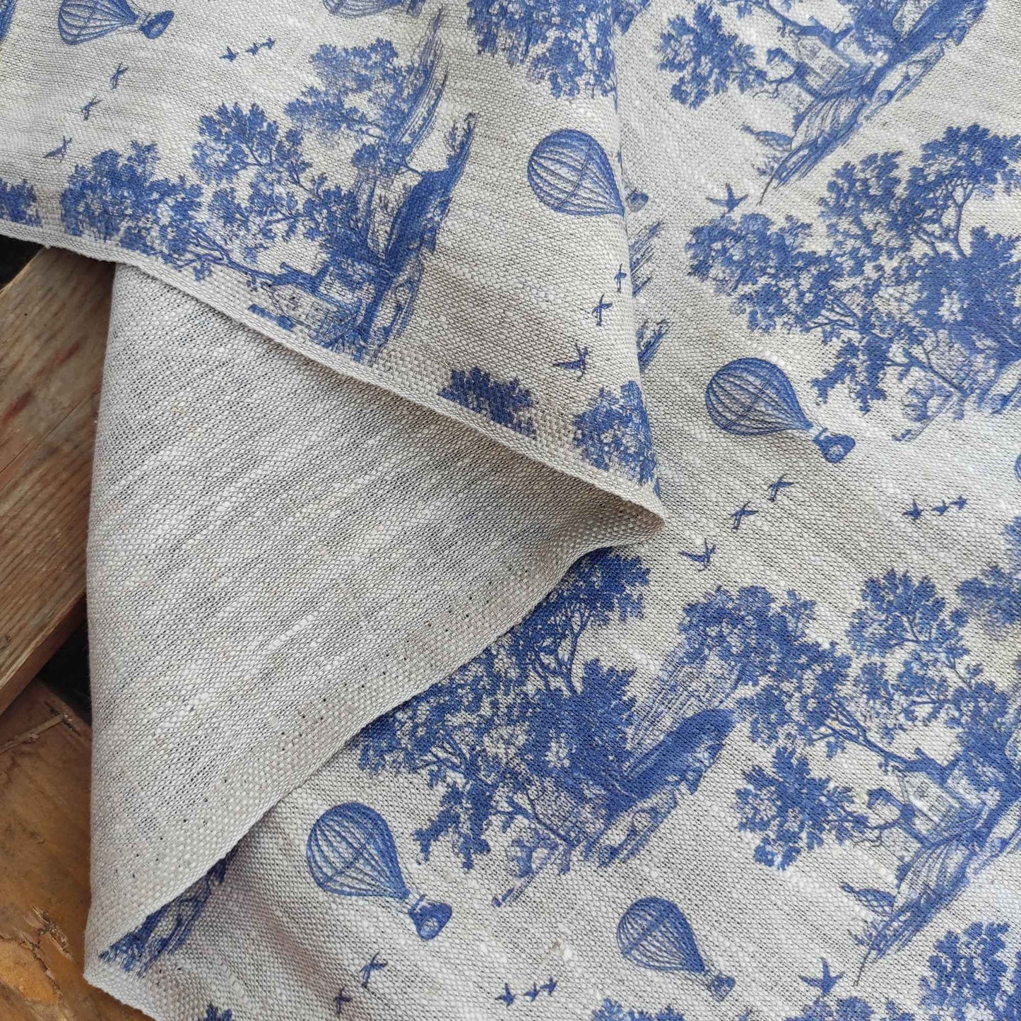 linen fabric Toile de Jouy print with air ballons LL331P - 100% linen with indigo blue print