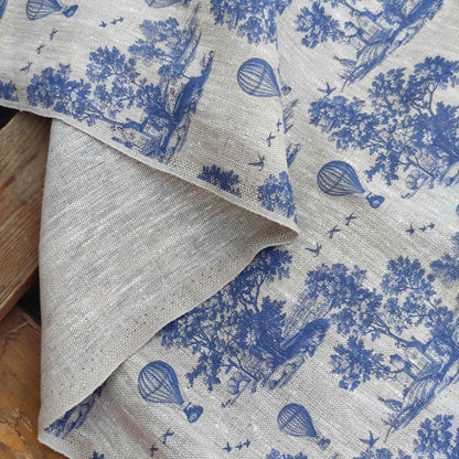 linen fabric Toile de Jouy print with air ballons LL331P - 100% linen with indigo blue print