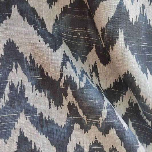 Linen fabric with Abstract Zigzag in navy blue LL332P - 100% linen