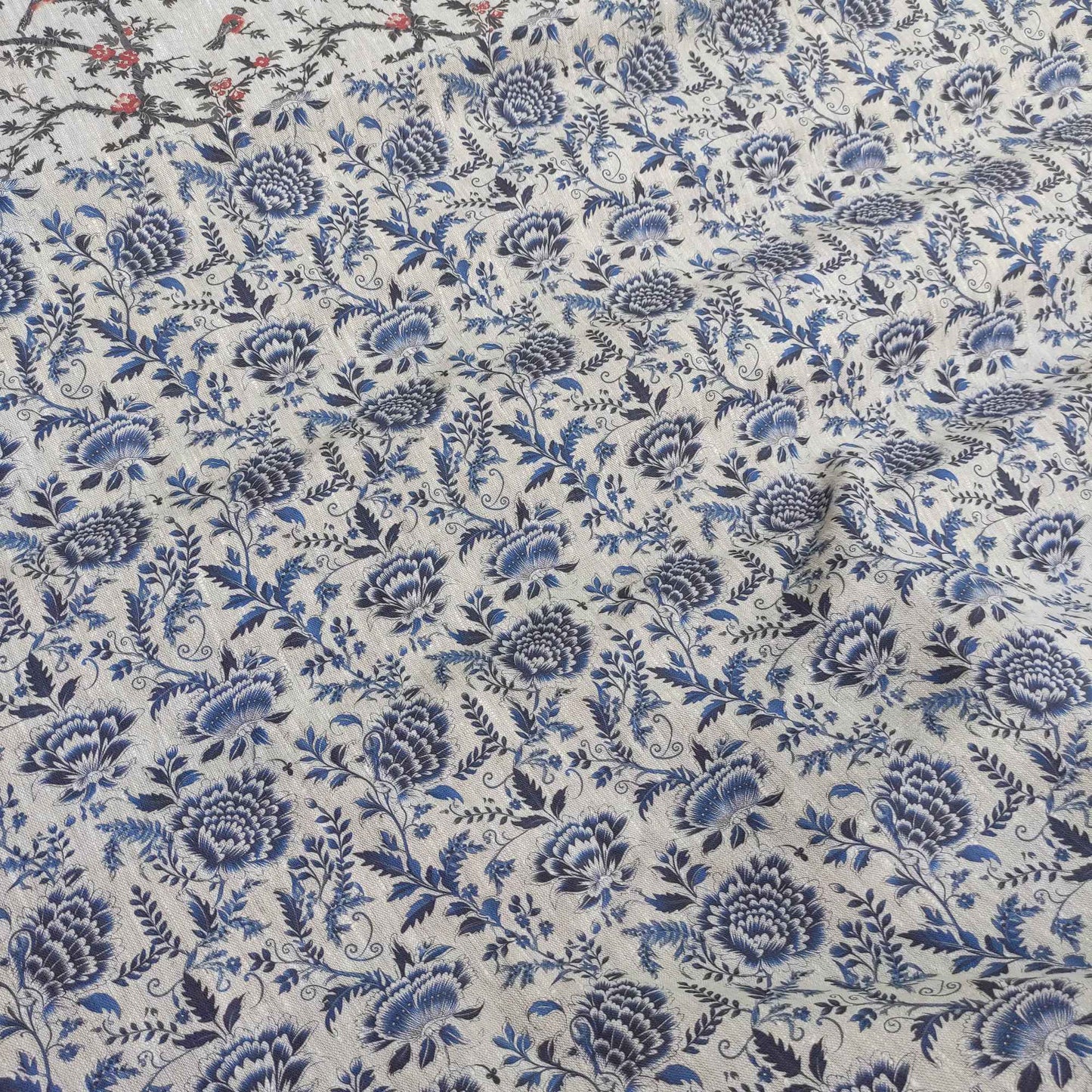 Floral linen fabric with bluel block print on oatmeal linen LL333P - 100% linen