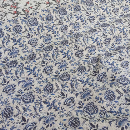 Floral linen fabric with bluel block print on oatmeal linen LL333P - 100% linen