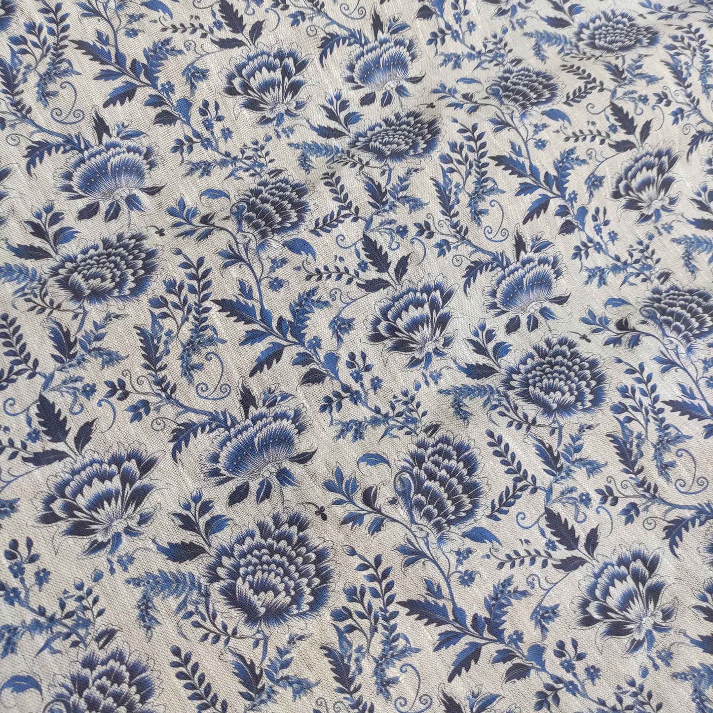Floral linen fabric with bluel block print on oatmeal linen LL333P - 100% linen