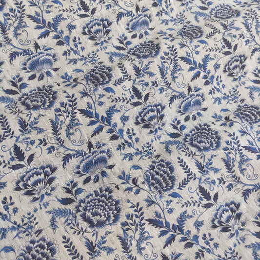 Floral linen fabric with bluel block print on oatmeal linen LL333P - 100% linen