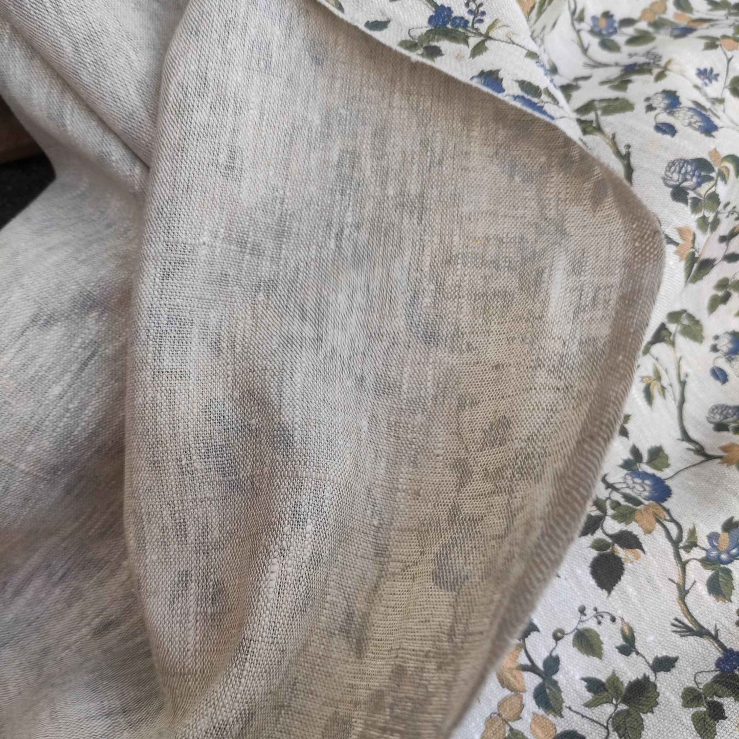 Floral linen fabric with botanical block print on oatmeal linen LL334P - 100% linen