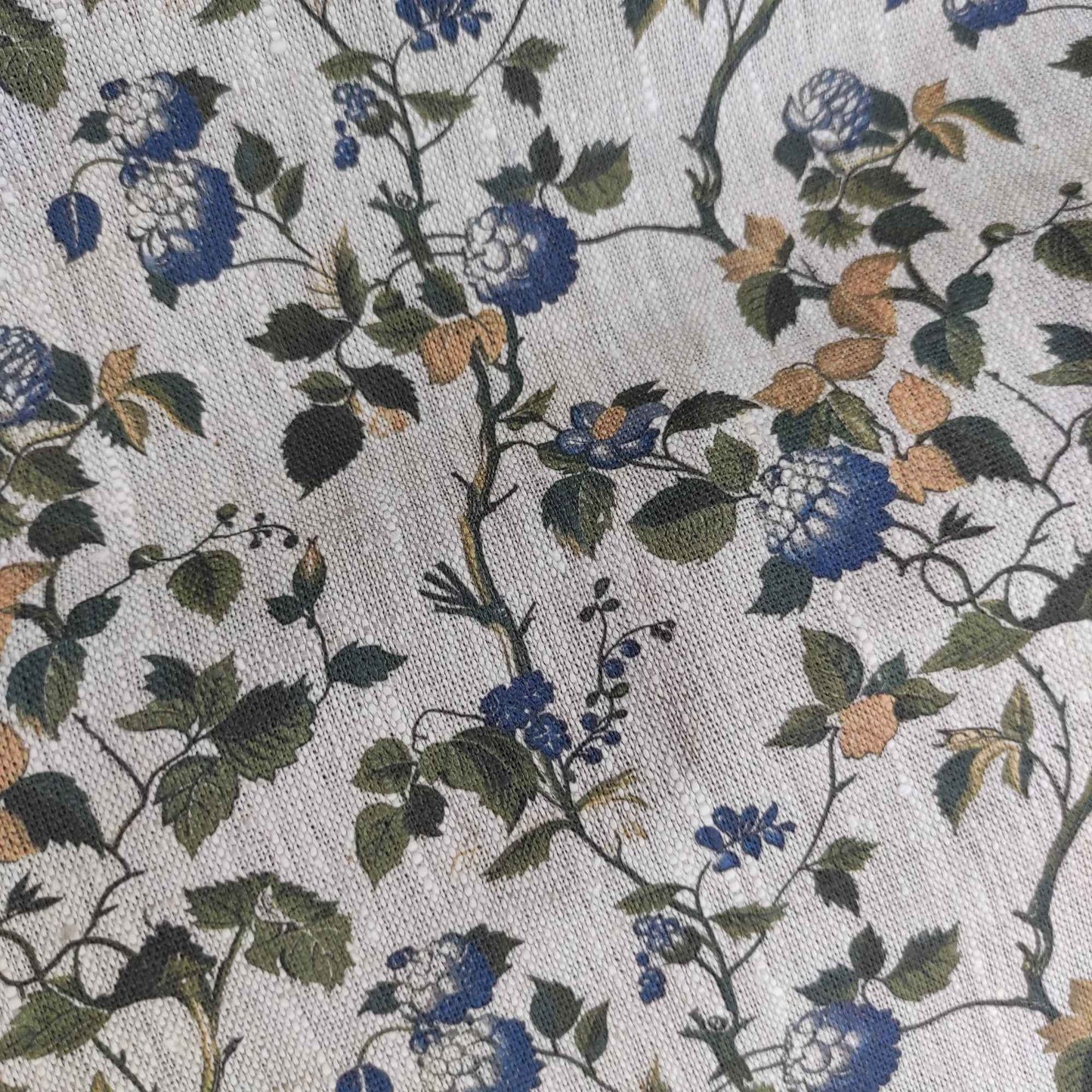 Floral linen fabric with botanical block print on oatmeal linen LL334P - 100% linen
