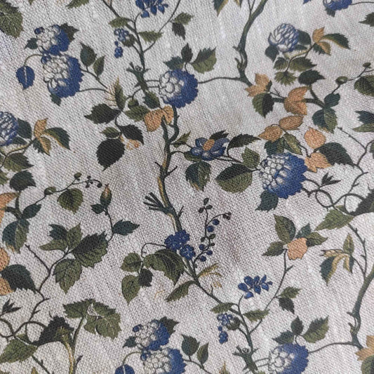 Floral linen fabric with botanical block print on oatmeal linen LL334P - 100% linen