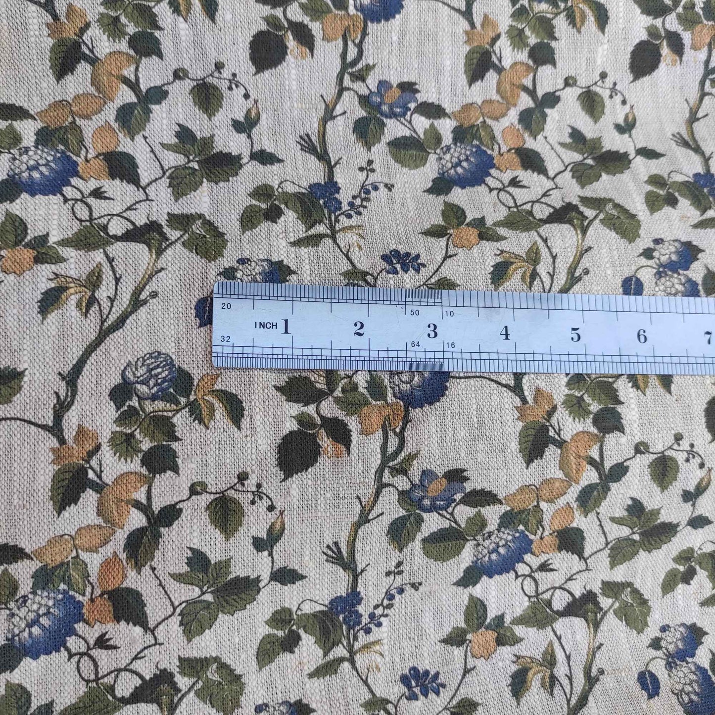 Floral linen fabric with botanical block print on oatmeal linen LL334P - 100% linen