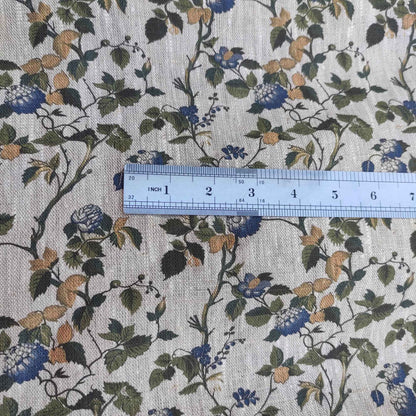 Floral linen fabric with botanical block print on oatmeal linen LL334P - 100% linen