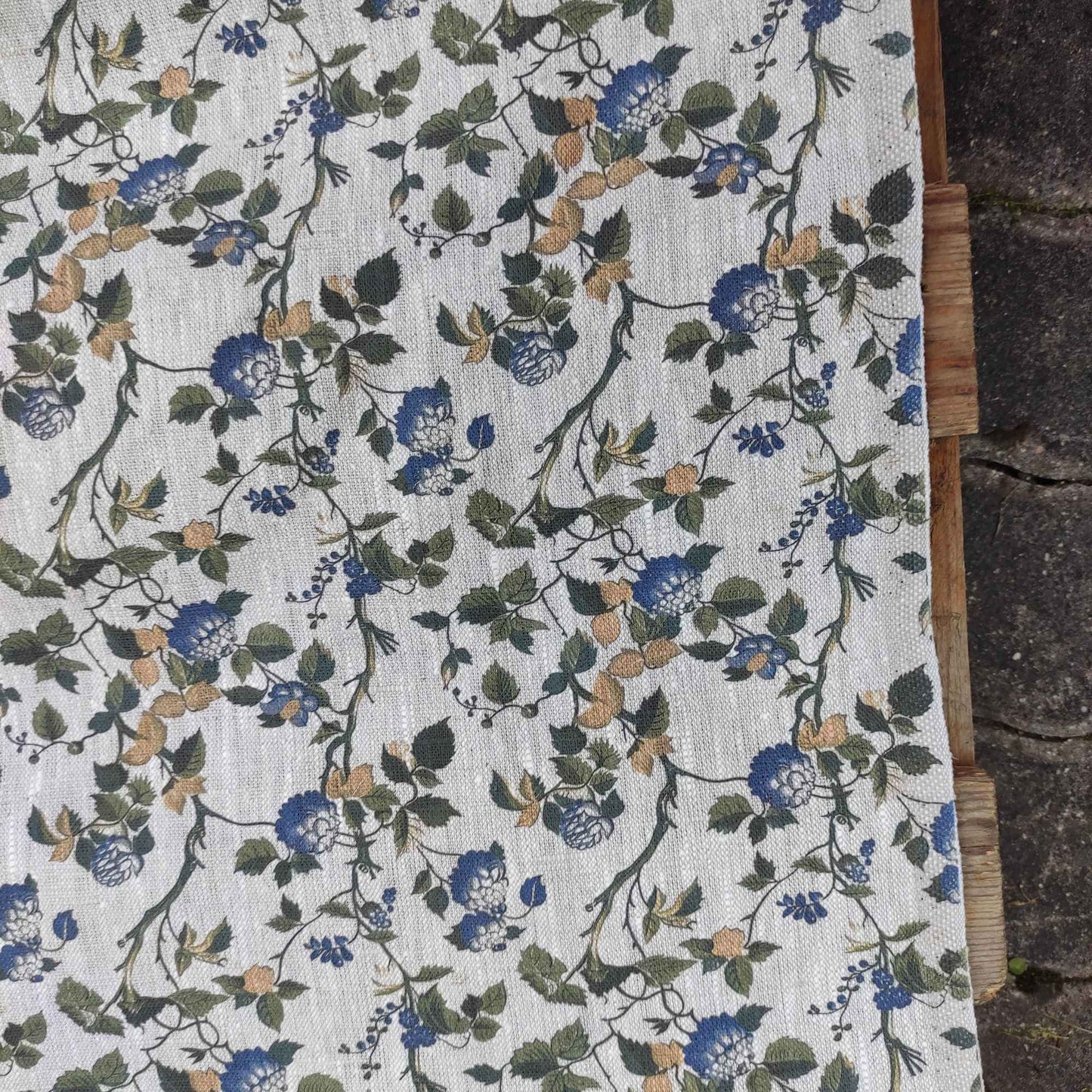 Floral linen fabric with botanical block print on oatmeal linen LL334P - 100% linen