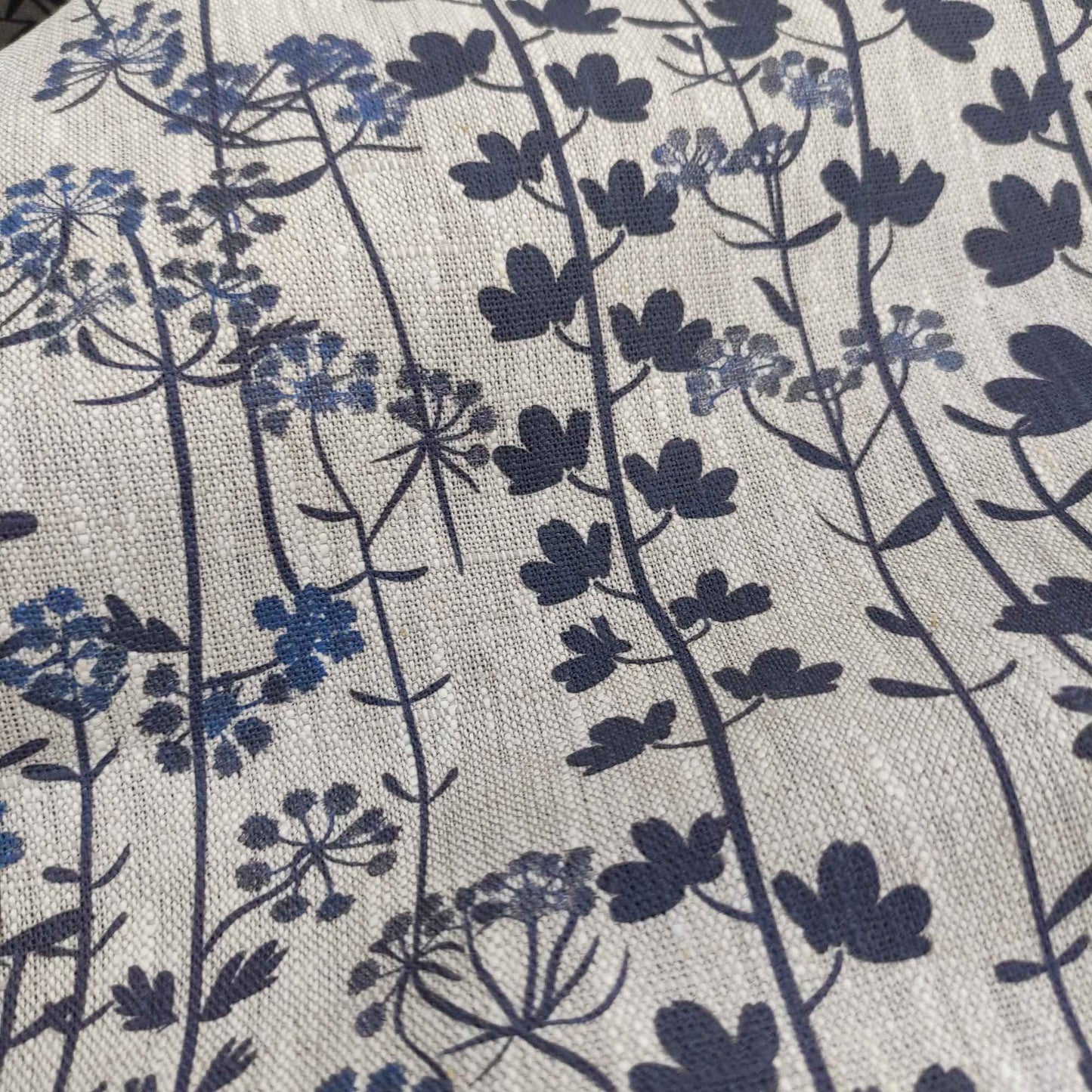 Floral linen fabric with botanical block print on oatmeal linen LL334P - 100% linen