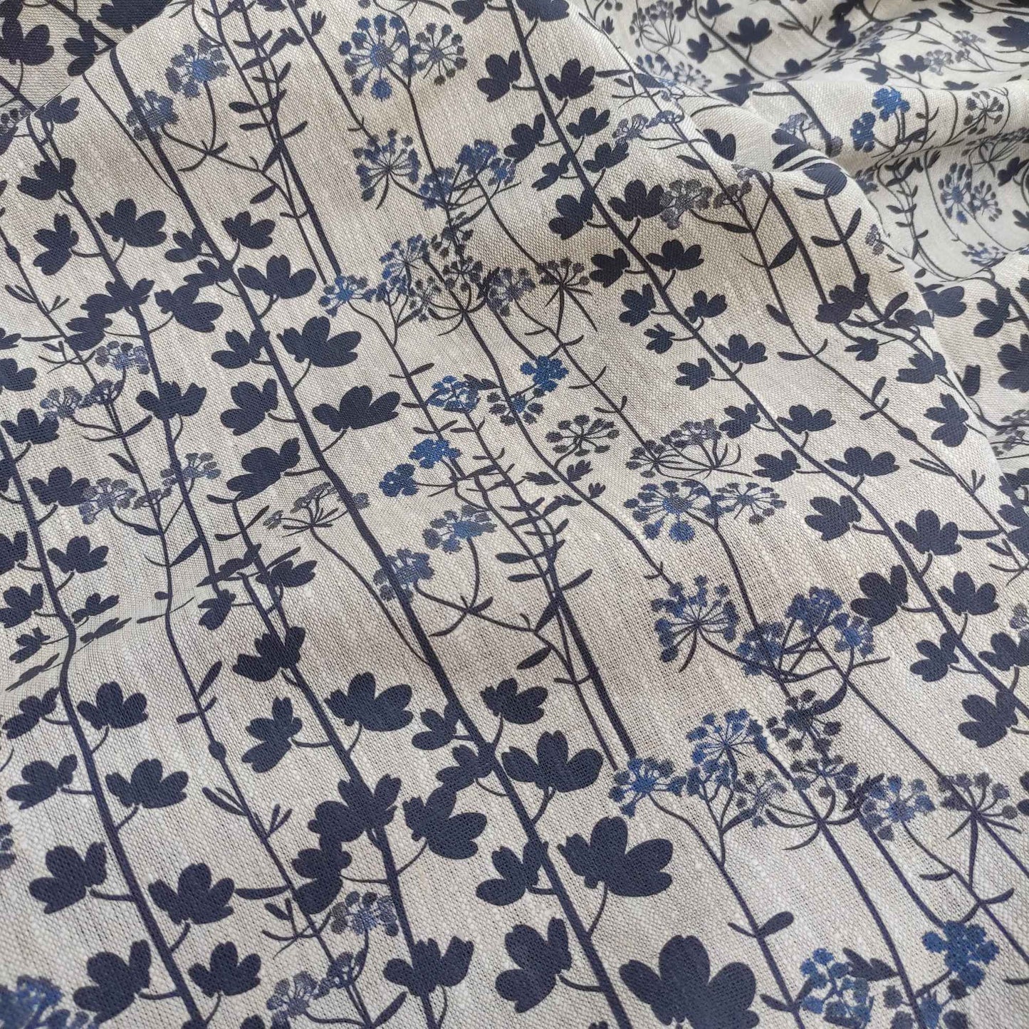 Floral linen fabric with Japandi Kummin print on oatmeal linen LL335P - 100% linen