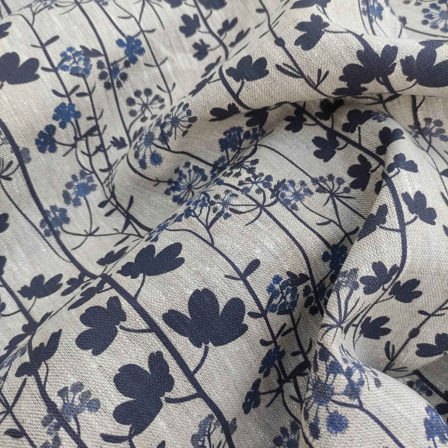 Floral linen fabric with Japandi Kummin print on oatmeal linen LL335P - 100% linen