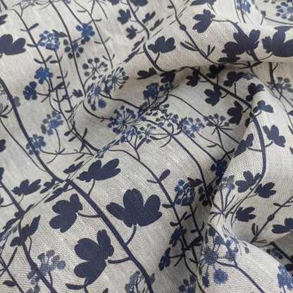 Floral linen fabric with Japandi Kummin print on oatmeal linen LL335P - 100% linen