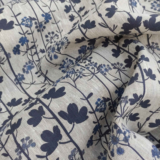 Floral linen fabric with Japandi Kummin print on oatmeal linen LL335P - 100% linen