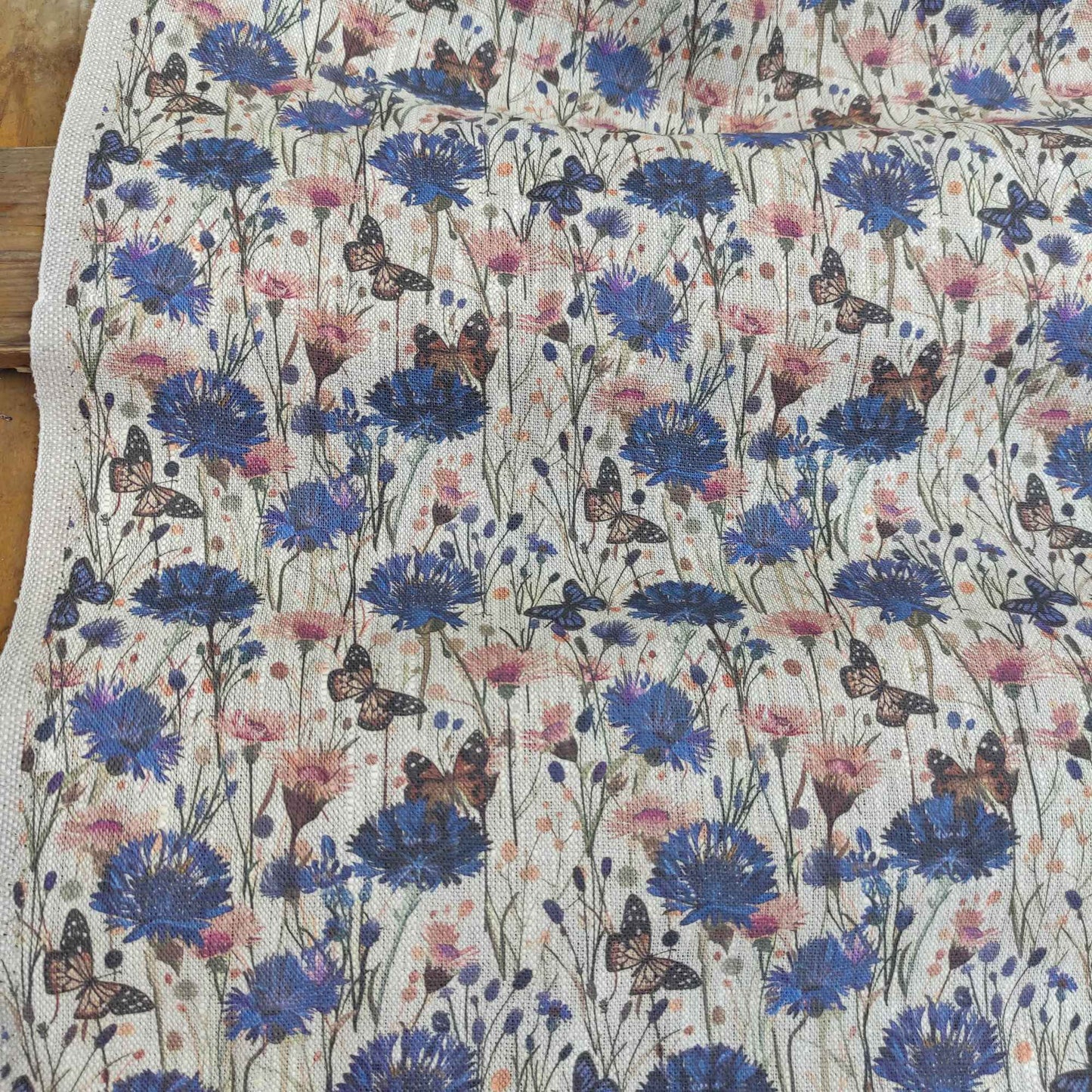 Floral linen fabric with Cornflower medow print on oatmeal linen LL336P - 100% linen