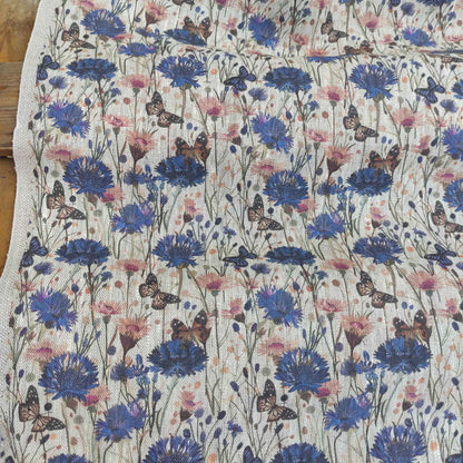 Floral linen fabric with Cornflower medow print on oatmeal linen LL336P - 100% linen