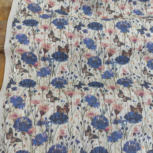 Floral linen fabric with Cornflower medow print on oatmeal linen LL336P - 100% linen