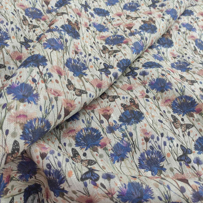 Floral linen fabric with Cornflower medow print on oatmeal linen LL336P - 100% linen
