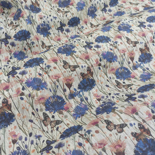 Floral linen fabric with Cornflower medow print on oatmeal linen LL336P - 100% linen