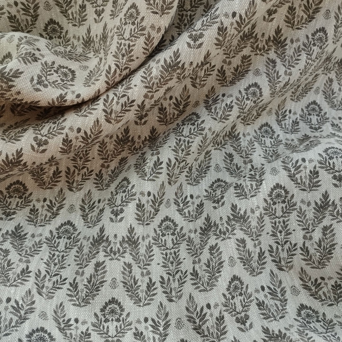 Floral linen fabric with grey block print on oatmeal linen LL368P - 100% linen