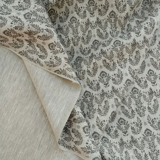 Floral linen fabric with grey block print on oatmeal linen LL368P - 100% linen