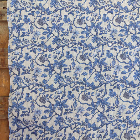 linen fabric  Toile de Jouy with tree blossom LL337P - 100% linen with indigo blue print