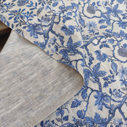 linen fabric  Toile de Jouy with tree blossom LL337P - 100% linen with indigo blue print