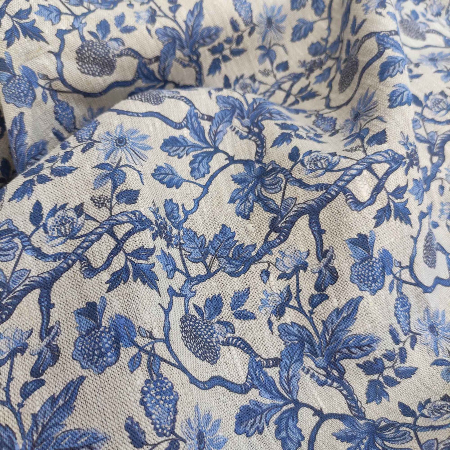 linen fabric  Toile de Jouy with tree blossom LL337P - 100% linen with indigo blue print