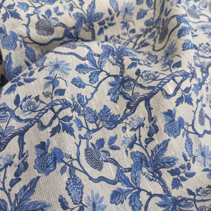 linen fabric  Toile de Jouy with tree blossom LL337P - 100% linen with indigo blue print