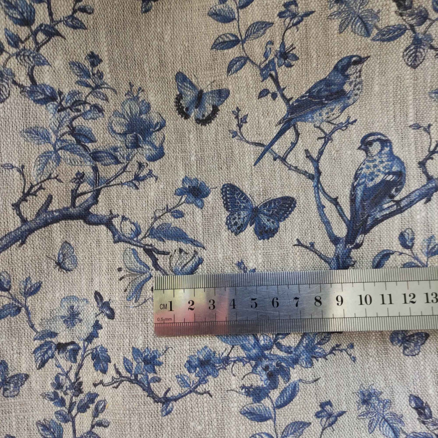 Floral linen fabric - Toile de jouy Tree with birds and butterflies on oatmeal linen LL341P