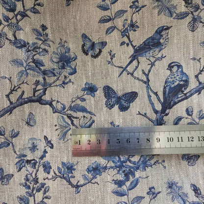 Floral linen fabric - Toile de jouy Tree with birds and butterflies on oatmeal linen LL341P