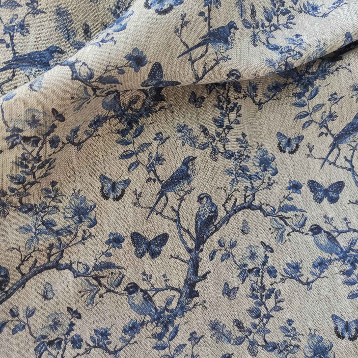 Floral linen fabric - Toile de jouy Tree with birds and butterflies on oatmeal linen LL341P