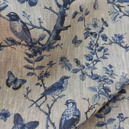 Floral linen fabric - Toile de jouy Tree with birds and butterflies on oatmeal linen LL341P