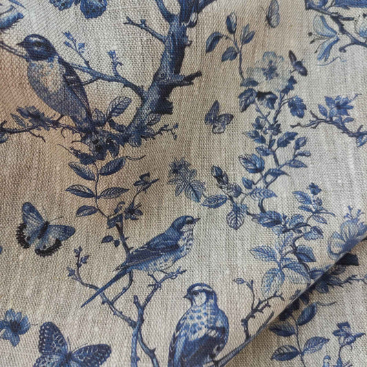 Floral linen fabric - Toile de jouy Tree with birds and butterflies on oatmeal linen LL341P