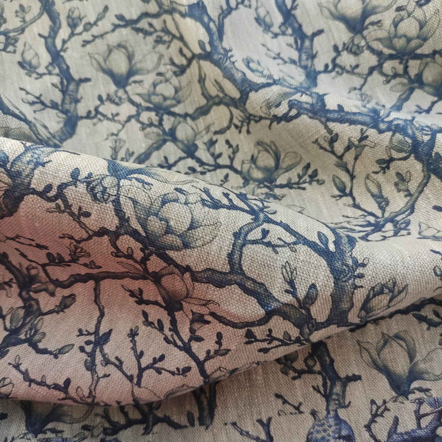 Floral linen fabric - Blue Magnolias on oatmeal linen LL342P