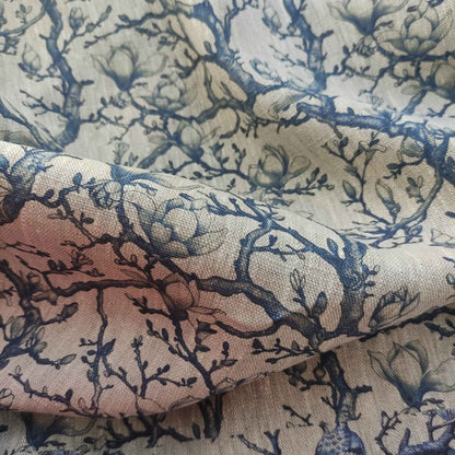 Floral linen fabric - Blue Magnolias on oatmeal linen LL342P