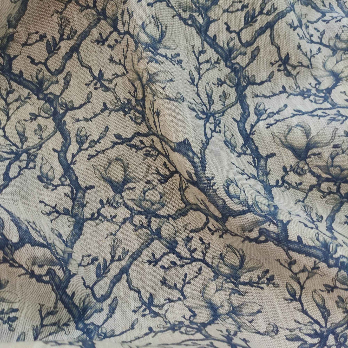 Floral linen fabric - Blue Magnolias on oatmeal linen LL342P