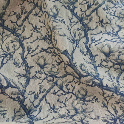 Floral linen fabric - Blue Magnolias on oatmeal linen LL342P