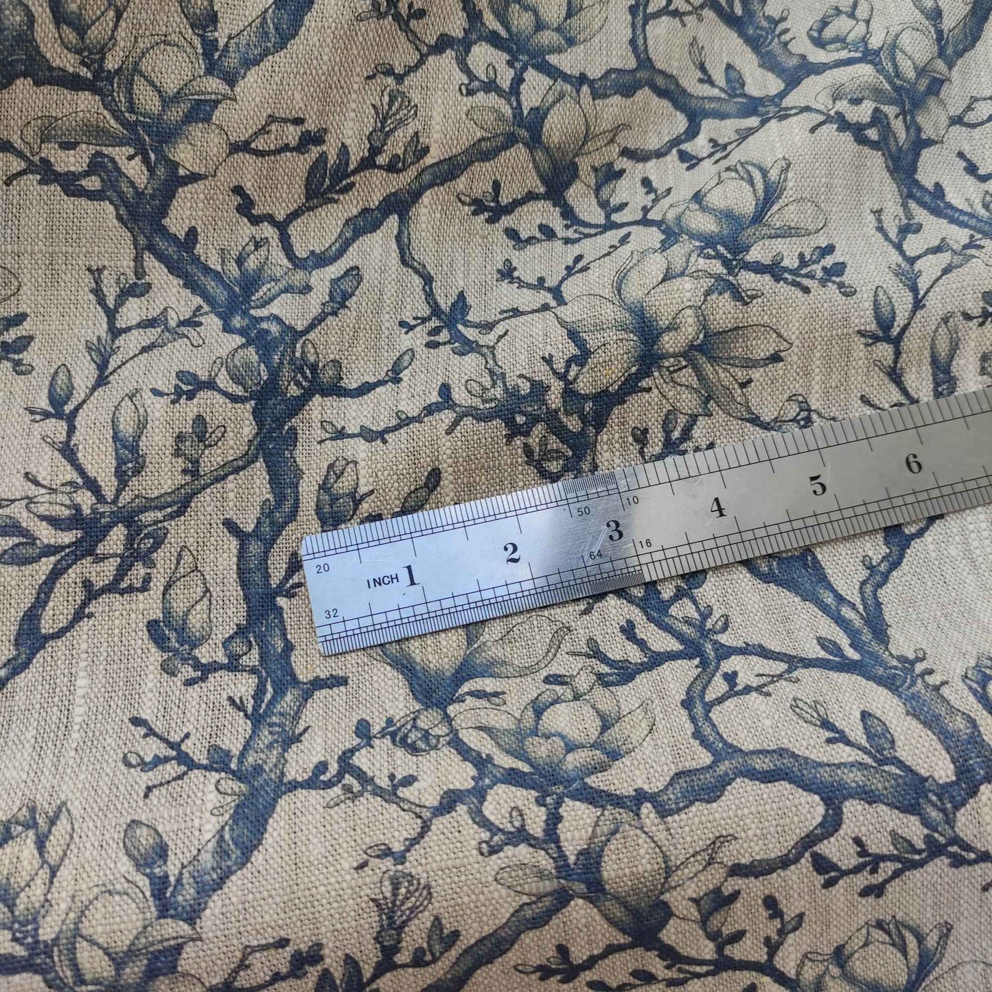 Floral linen fabric - Blue Magnolias on oatmeal linen LL342P