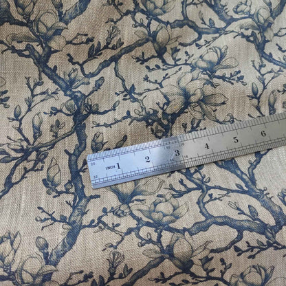 Floral linen fabric - Blue Magnolias on oatmeal linen LL342P