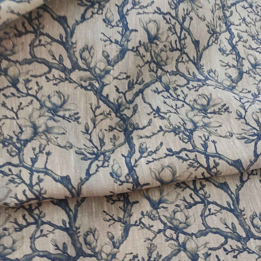 Floral linen fabric - Blue Magnolias on oatmeal linen LL342P