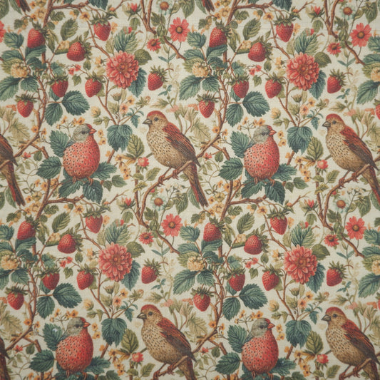 Birds and strawberries - Printed linen fabric - LL349P