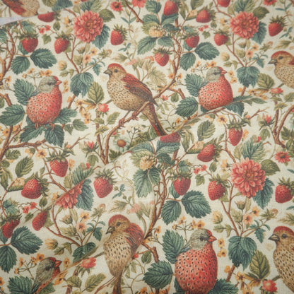 Birds and strawberries - Printed linen fabric - LL349P